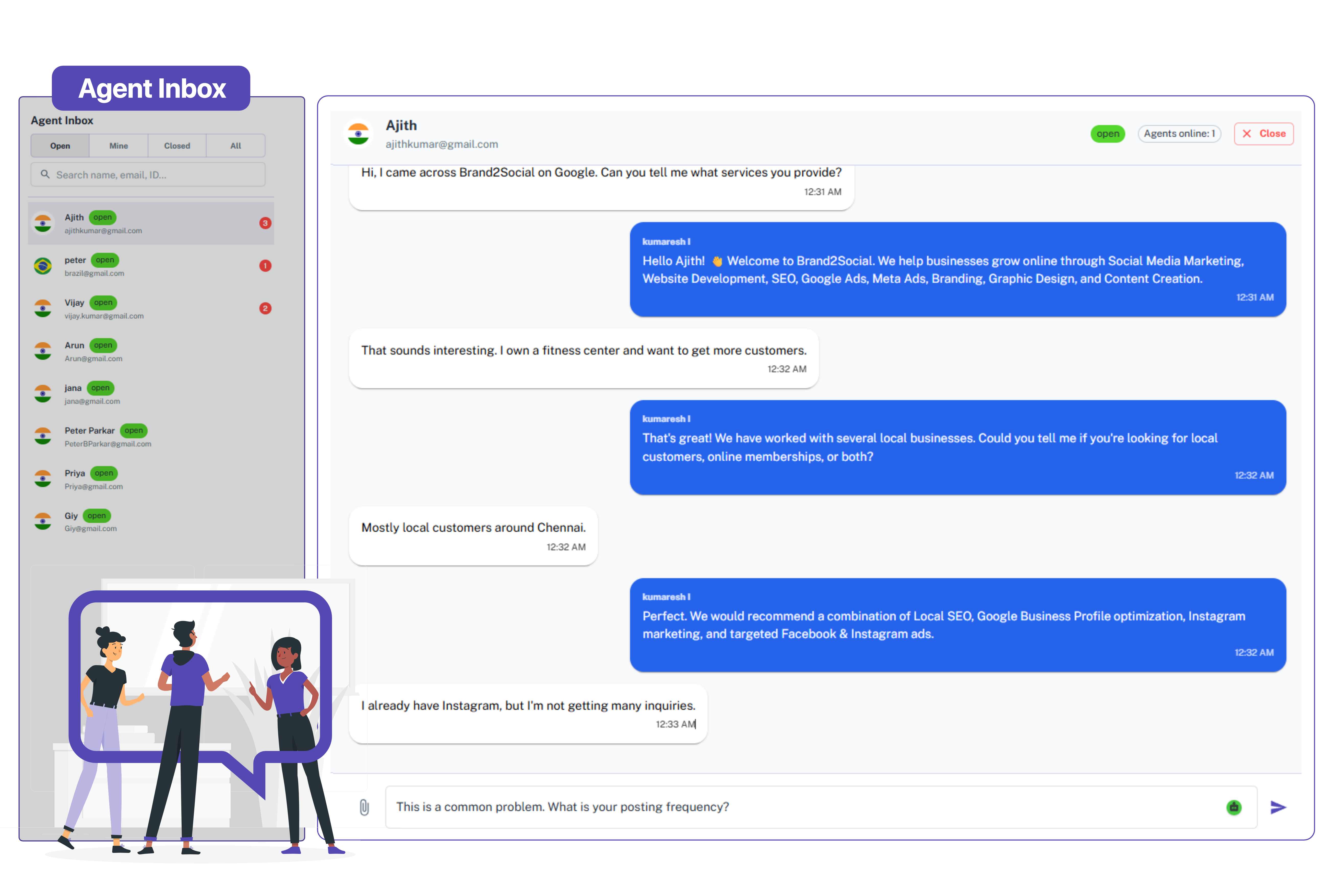 Your Whole Team, One Inbox Agent inbox showing active conversations with team collaboration