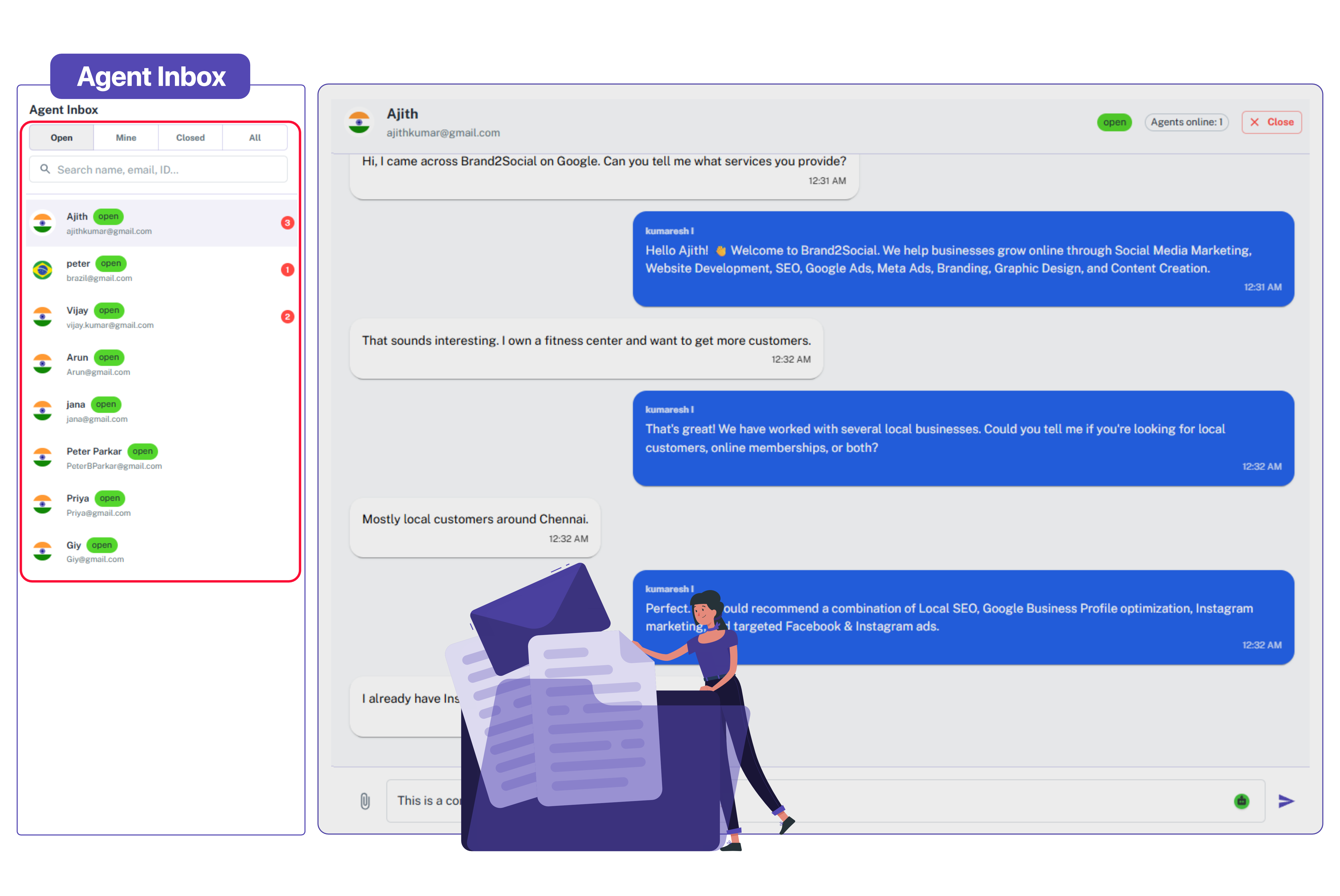 Handle More Chats Without Missing a Beat Agent inbox with multiple open conversations and active chat thread