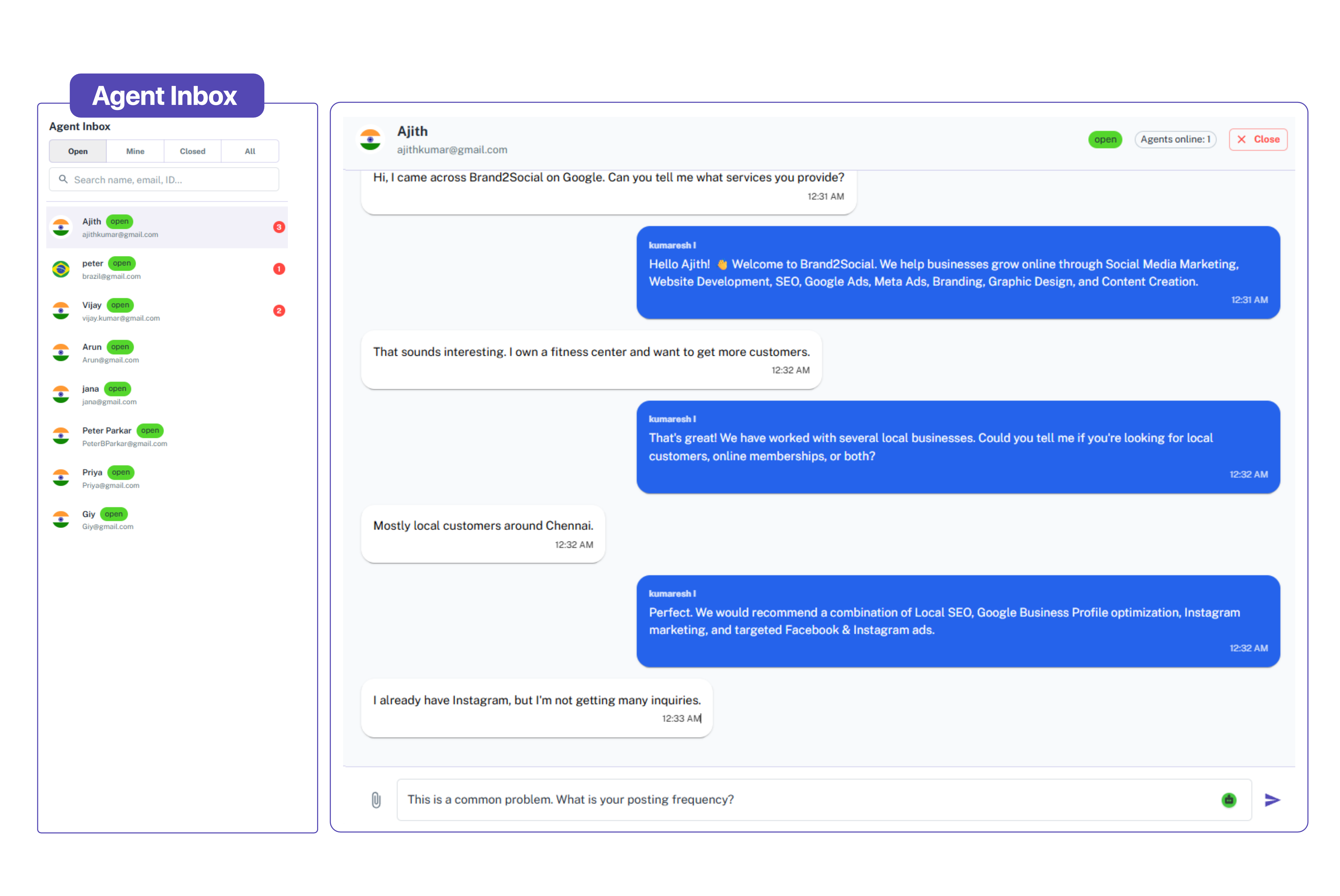 Full Conversation Context, Always Full agent inbox with conversation list and complete chat thread