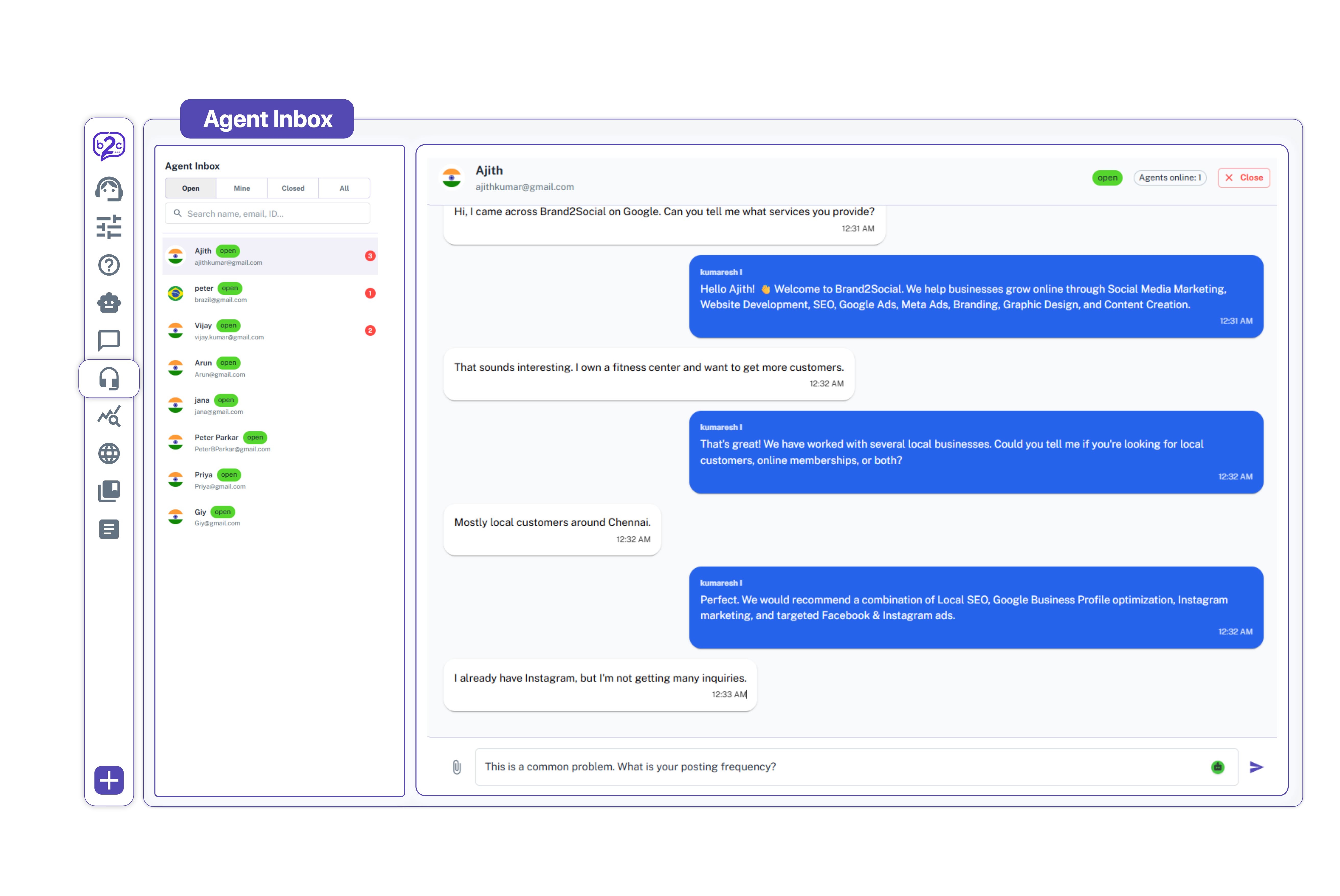 Shared agent inbox for ecommerce customer support teams Brand2Chat agent inbox showing assigned conversations, internal notes, and team handoffs for ecommerce support