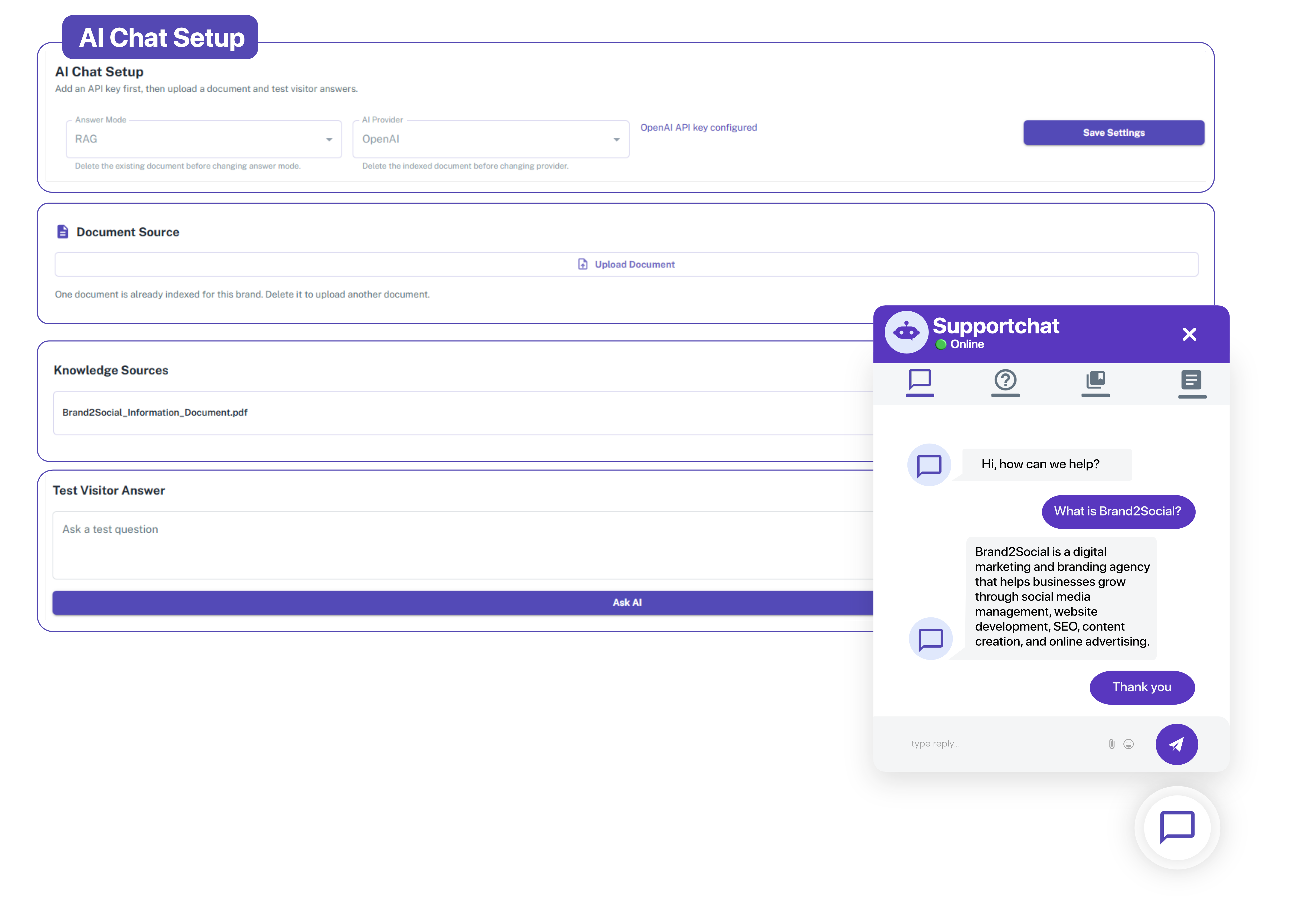 Accurate AI Responses from Your Knowledge Base AI chatbot delivering a complete, accurate answer to a visitor question