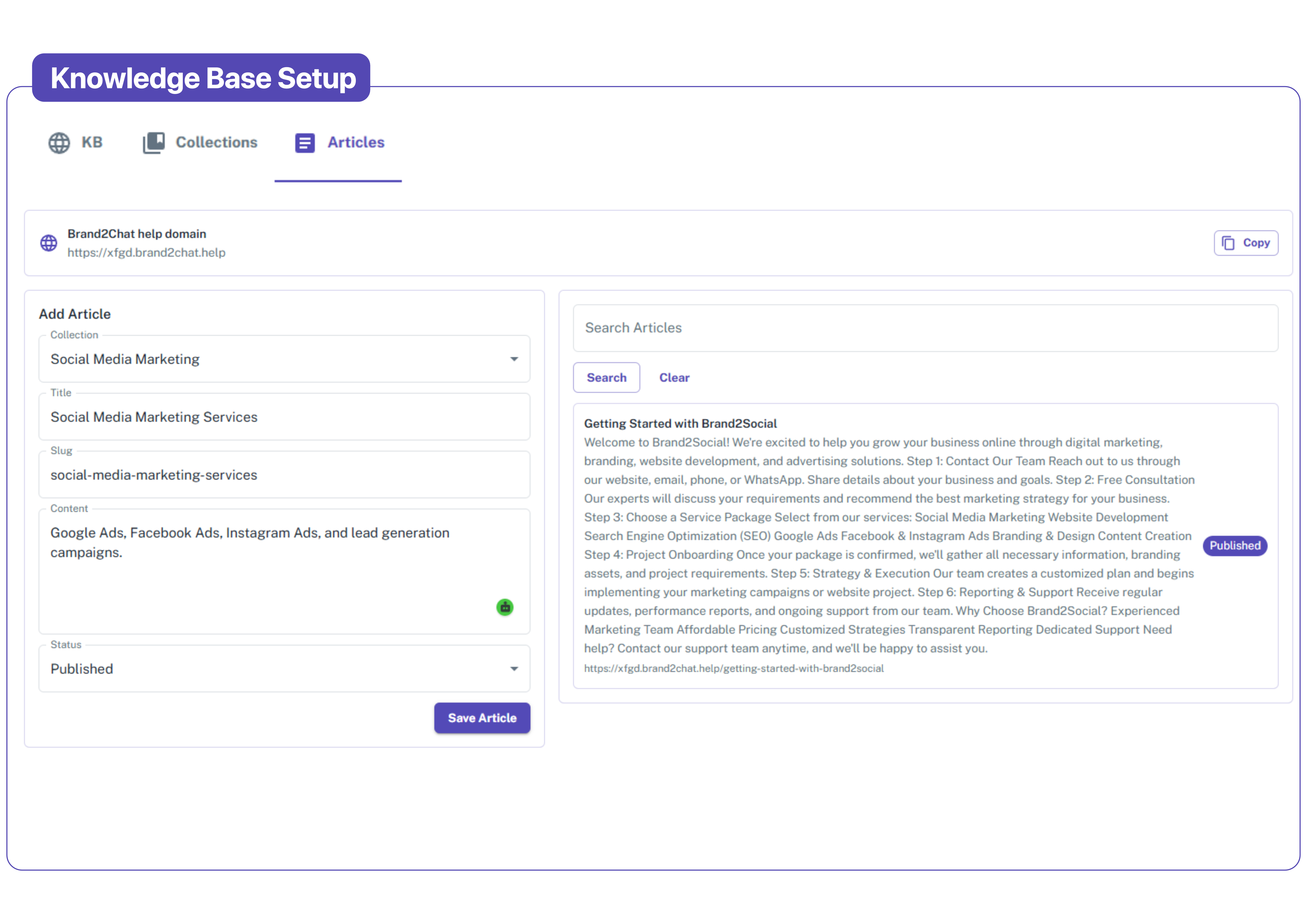 Write, Publish & Search Articles Instantly Knowledge base article editor with search and publish controls