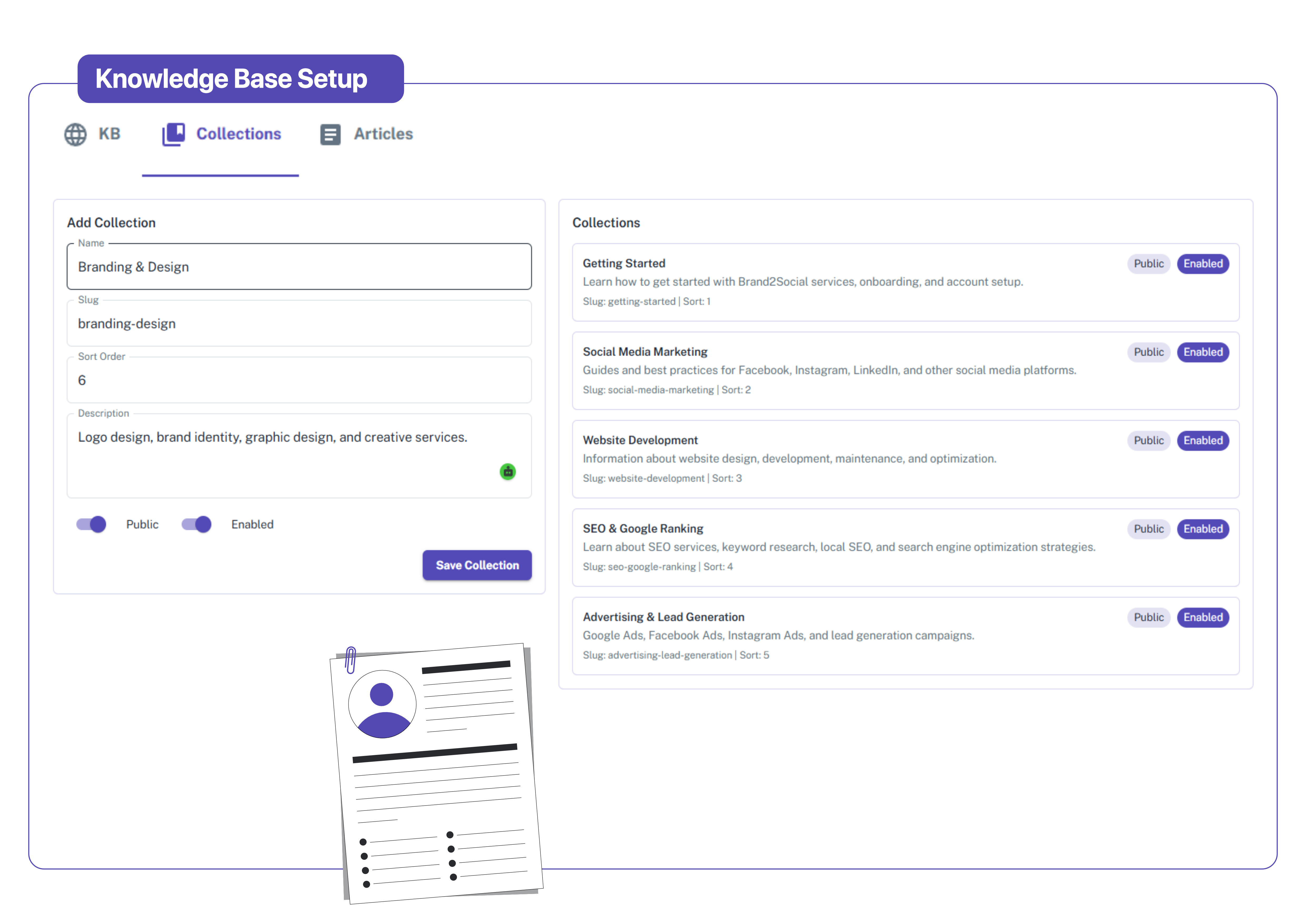 Organize Content into Collections Knowledge base collections manager with public and enabled toggles