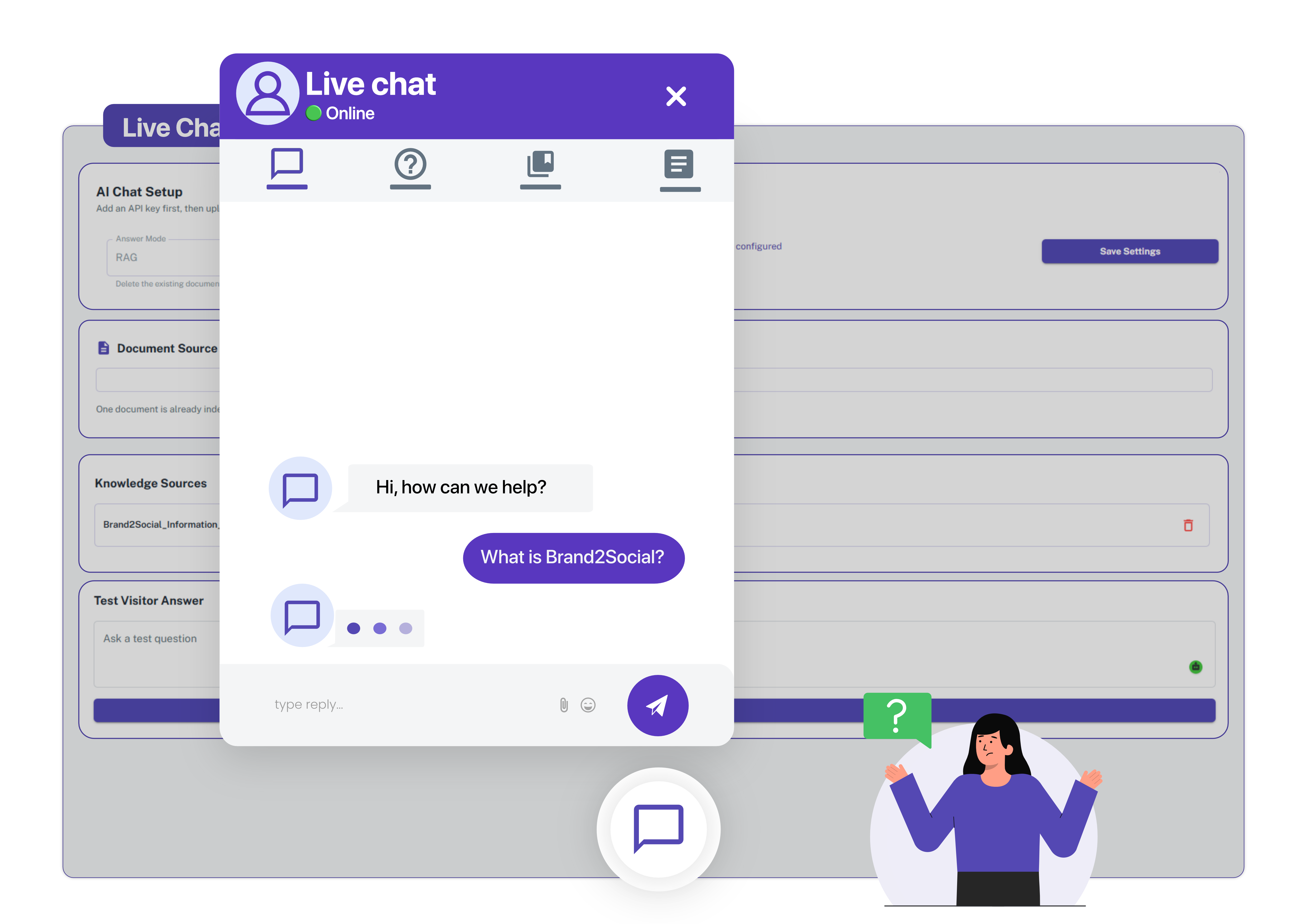 Instant Agent Response, Zero Wait Time Live chat widget with agent typing indicator showing real-time response