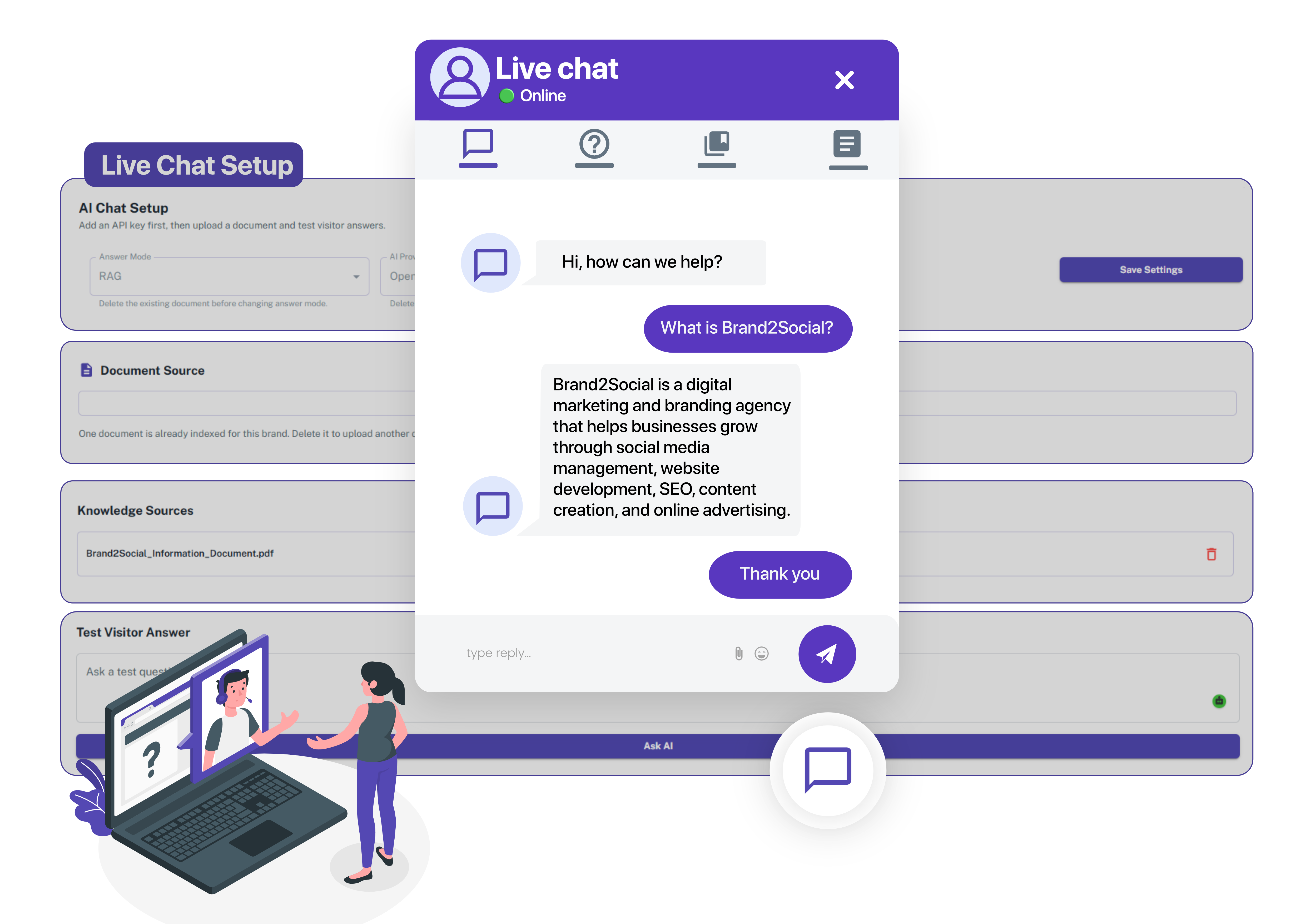 Chat With Visitors in Real Time Live chat widget showing a real-time customer conversation with branded header