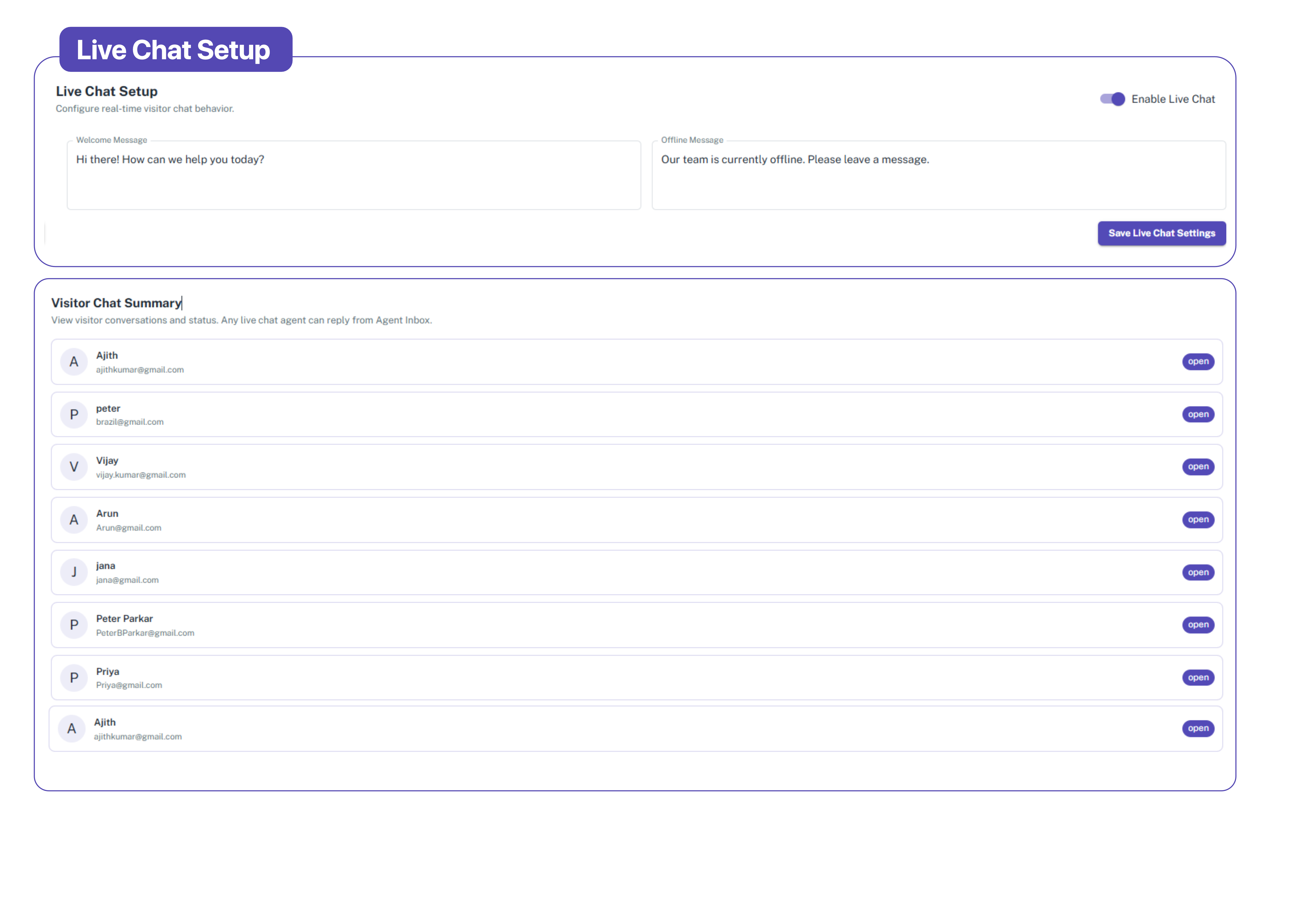 Configure Your Chat & Track Every Visitor Live Chat Setup with welcome message, offline message, and visitor chat summary list