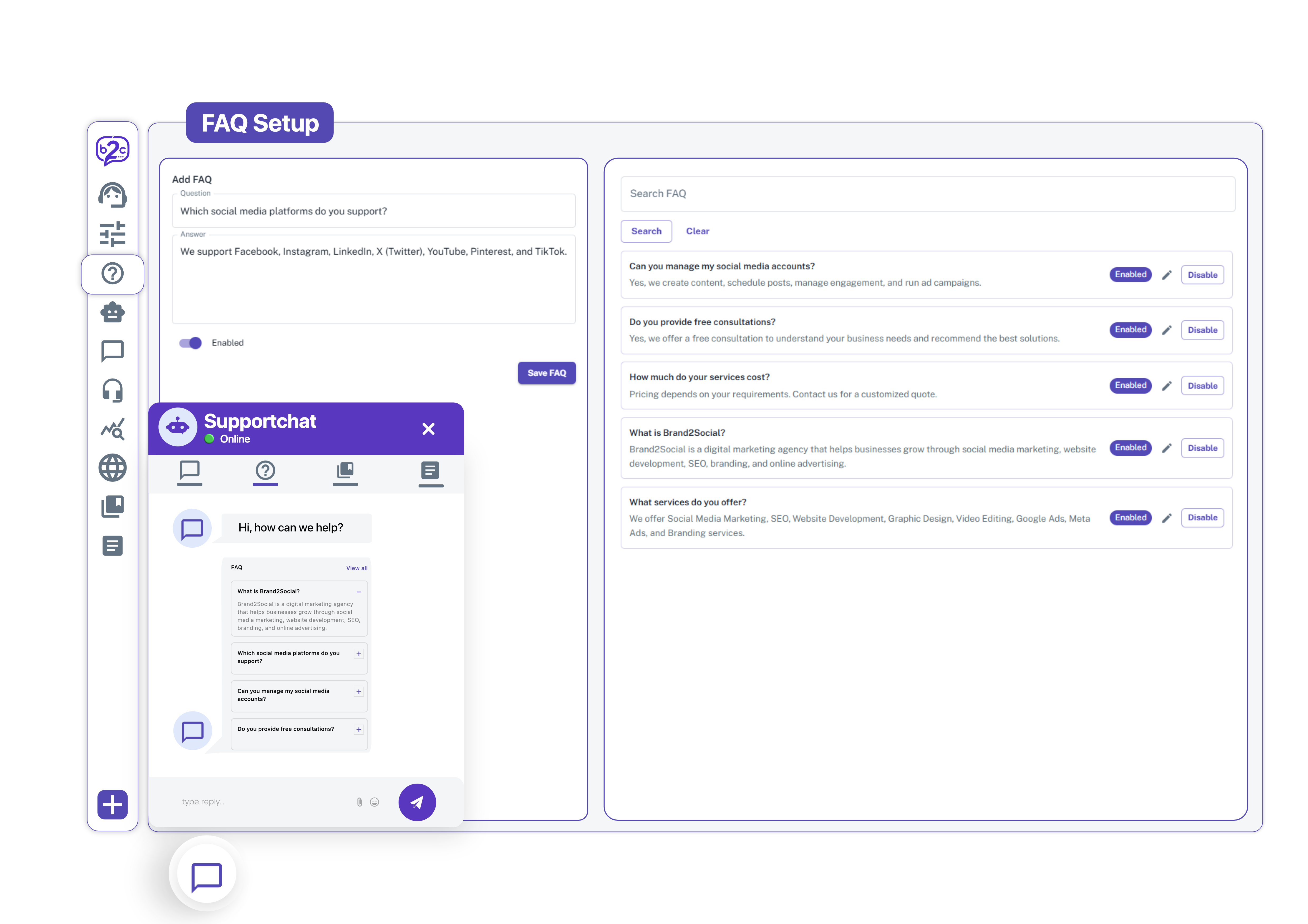 FAQ setup inside live chat widget for ecommerce stores Brand2Chat FAQ setup showing pre-written question and answer pairs displayed inside the live chat widget