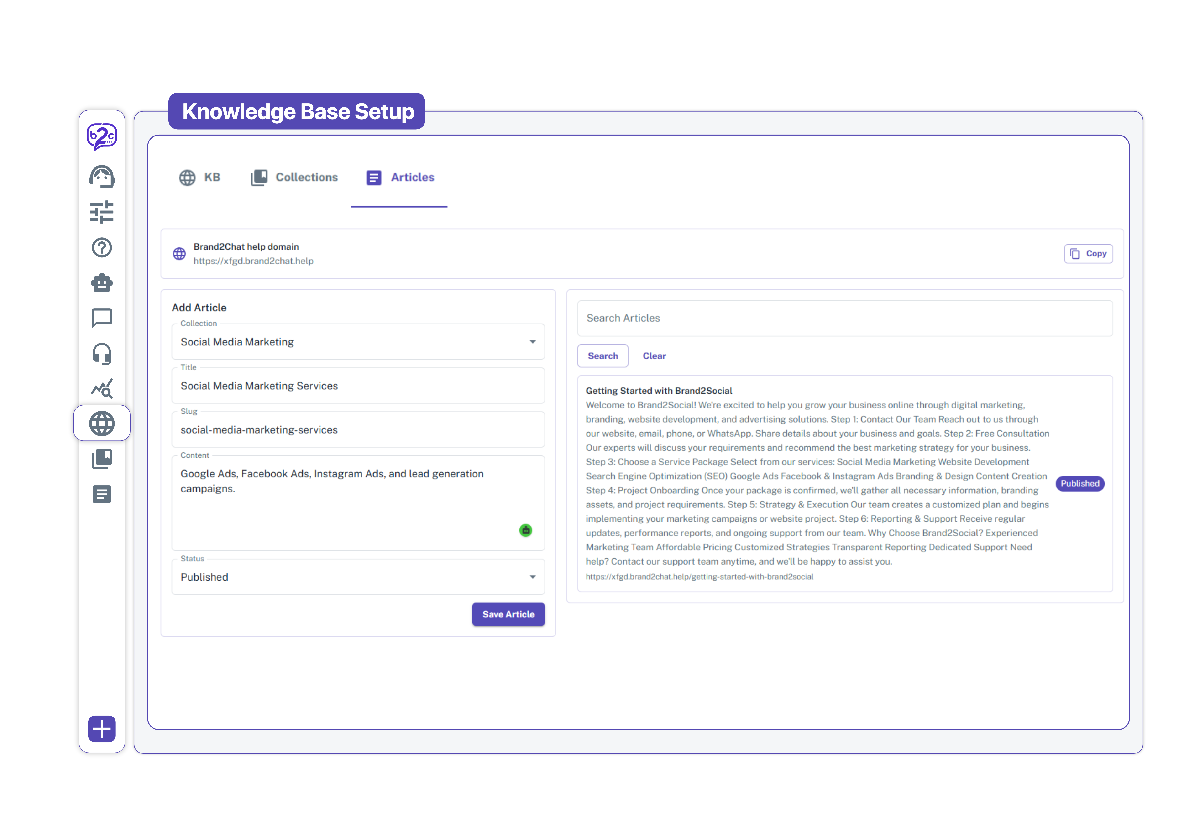Knowledge base for SaaS self-service support and ticket deflection Brand2Chat knowledge base showing self-service help articles for SaaS users inside the chat widget