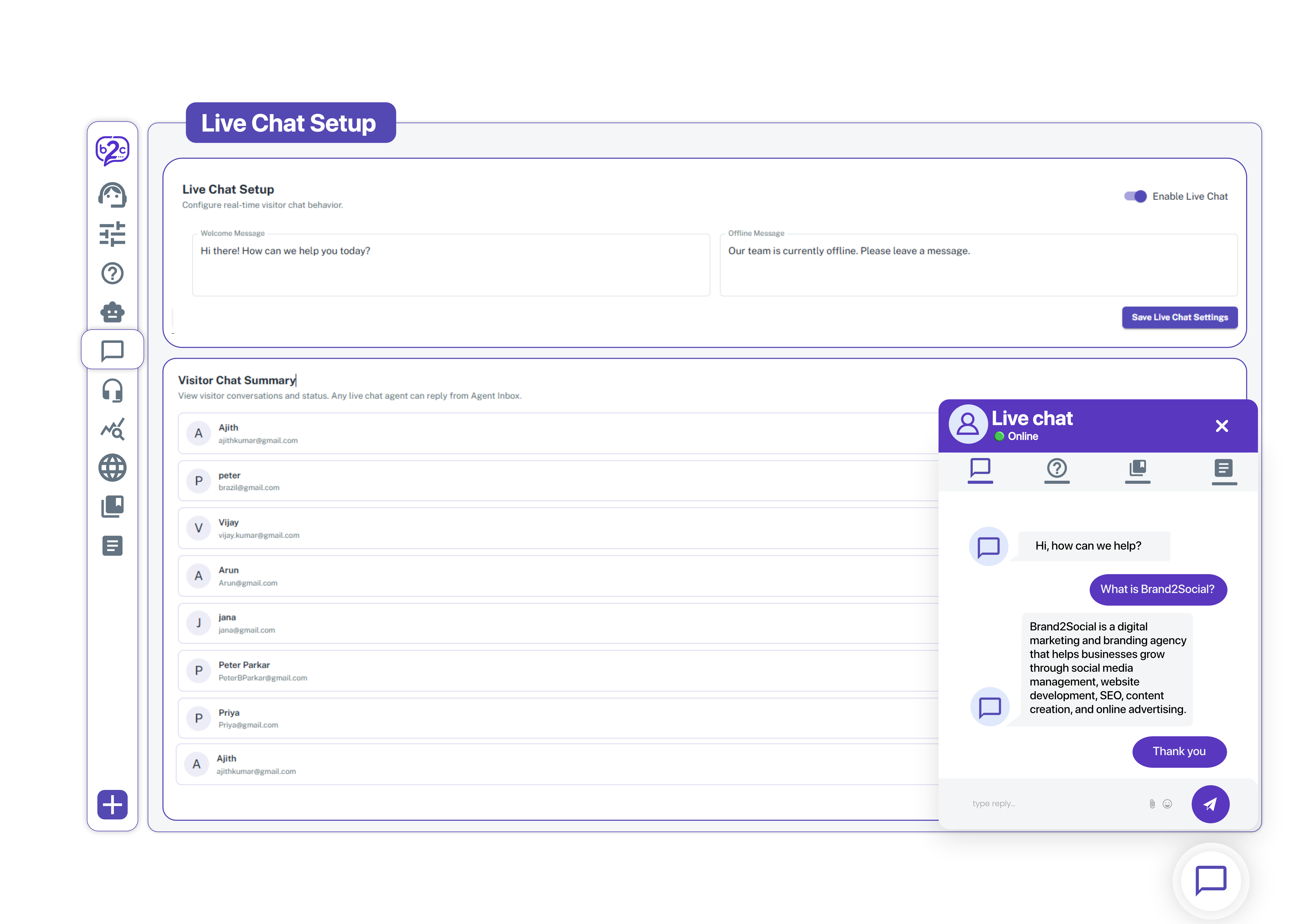Live chat for ecommerce and retail stores Brand2Chat live chat window showing a real-time conversation between a support agent and an online shopper